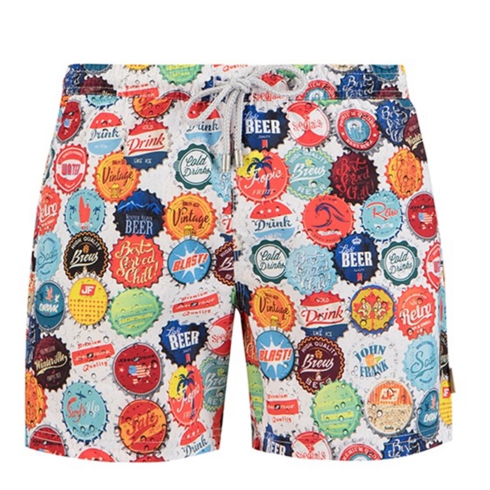 John Frank swim shorts unique print beer names very colorful, side pockets, S